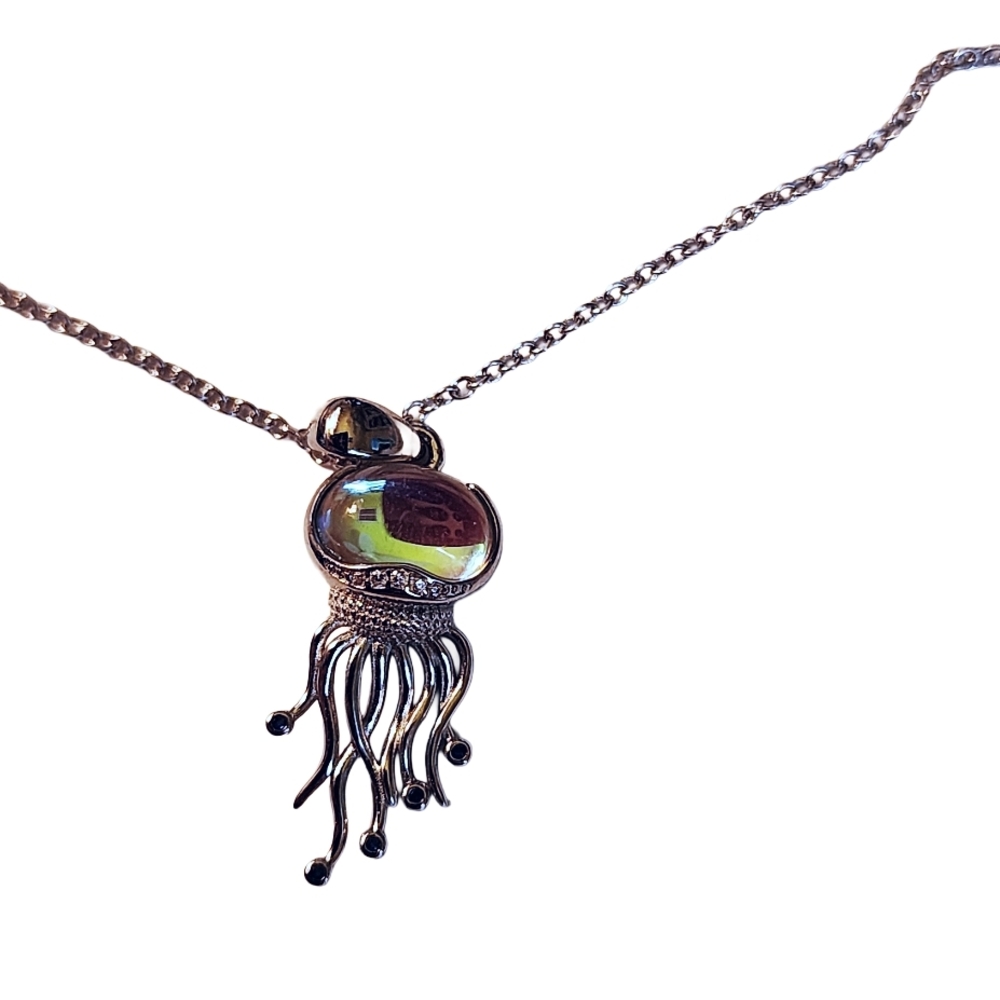 Elegant Fine Jewerly Sterling Silver Iridescent Pendant Necklace Jellyfish Ocean